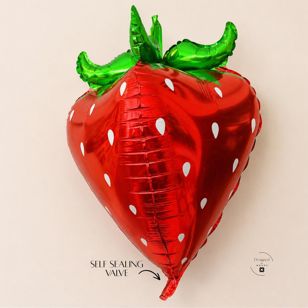 Birthday Party Balloon Strawberry Shaped Celebration Baby Shower Fruit Themed Summer Event Kids Festive Foil Mylar Helium Inflatable Red Berry Body White Seed Pattern Green Leaves Party Supply Self Sealing Valve Hanging Centerpiece Display