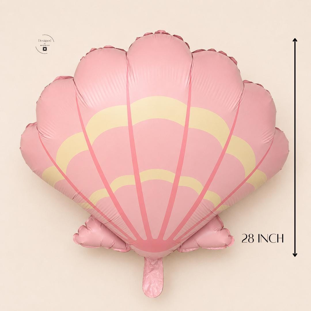 Pink Seashell Balloon Baby Shower Gift Idea Mermaid Birthday Party Supplies Ocean Theme Beach Celebration 26 Inch Foil Balloon Kids Party Photo Backdrop Under Sea Celebration Scalloped Edge Design Yellow Accent Details Self Sealing Valve
