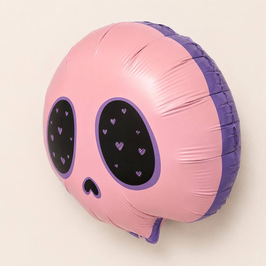 Kawaii Skull Balloon Birthday Party Decoration Pink Gothic Halloween Celebration Pastel Anime Heart Design Scalloped Edge Foil Shape Mylar Inflatable Nine Inch Size Heart Eye Socket Details Heart Shaped Nose Purple Black Pink Color Party