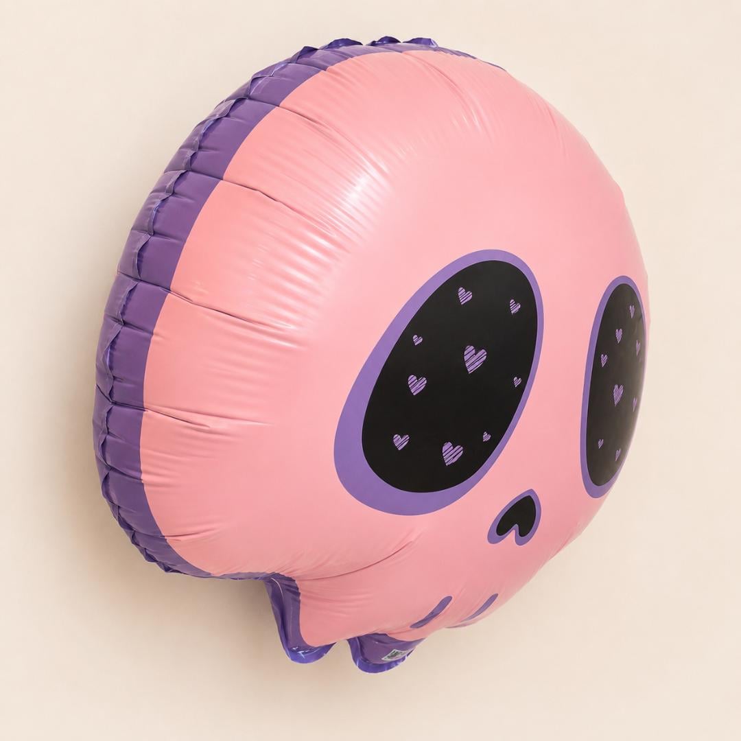 Mylar Foil Balloon Kawaii Skull Shape Birthday Party Pink Gothic Design Halloween Celebration Pastel Anime Heart Details Scalloped Edge Nine Inch Size Heart Eye Socket Heart Shaped Nose Purple Black Pink Color Party Decoration Gothic Theme