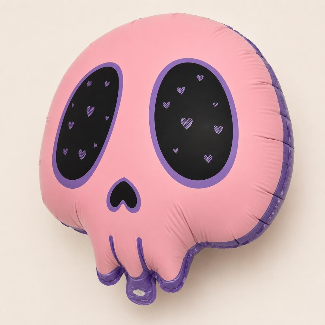 Kawaii Skull Balloon Birthday Party Decoration Pink Gothic Halloween Celebration Pastel Anime Heart Design Scalloped Edge Foil Shape Mylar Inflatable Nine Inch Size Heart Eye Socket Details Heart Shaped Nose Purple Black Pink Color Party