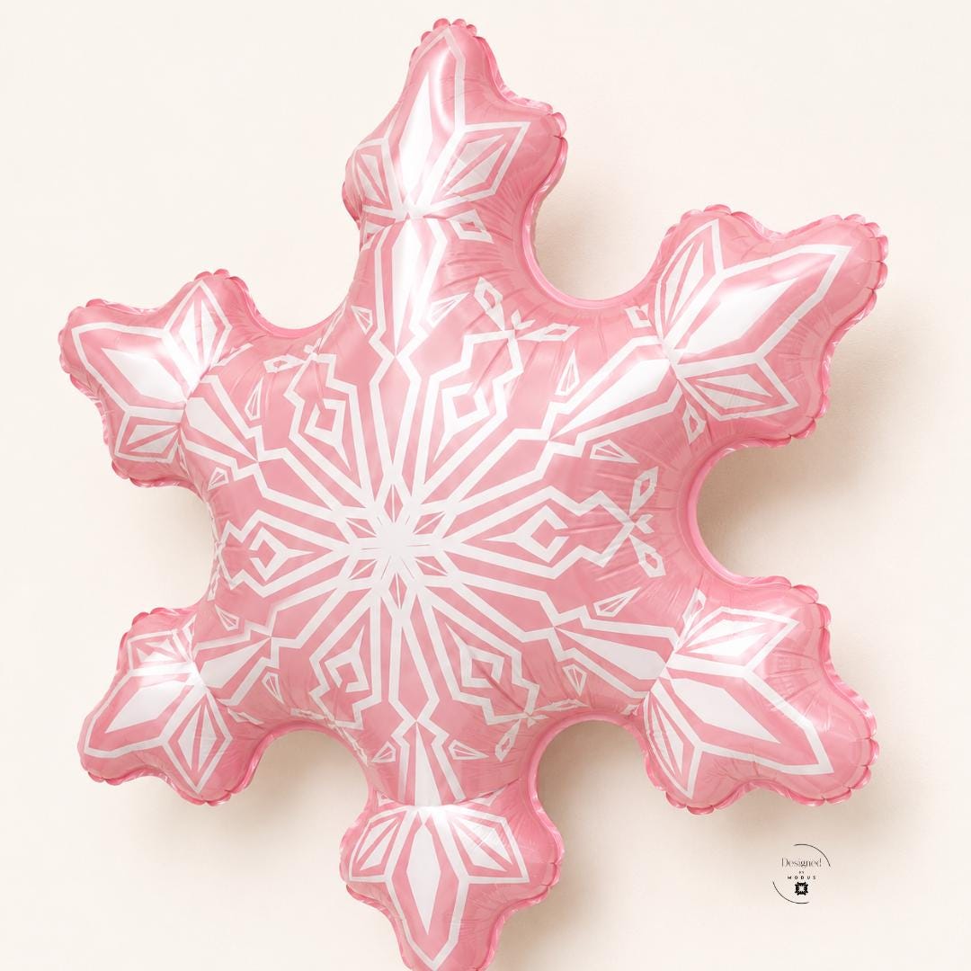 Pink Snowflake Balloon Winter Party Decoration Birthday Celebration Mylar Foil Design Large 29 Inch Transparent Material White Geometric Pattern Six Pointed Star Shape Air Filled Construction Princess Themed Party Supply Beautiful Holiday