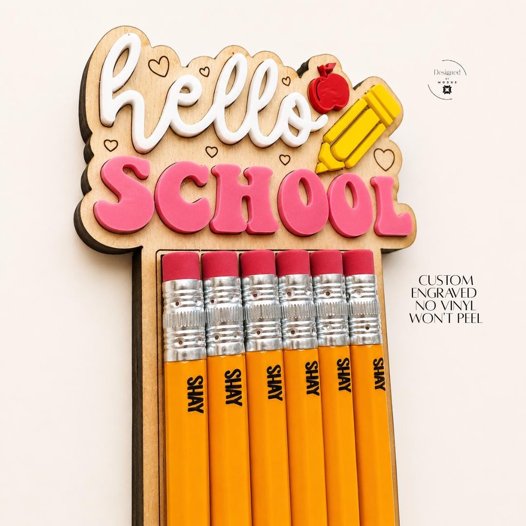 Back To School Gift Teacher Appreciation Present Wooden Desk Organizer Natural Pencil Holder Classroom Supply Caddy Kindergarten Educator Essential Custom Engraved Design Heart Details Hello School Text White Pink Yellow Red Apple Accents