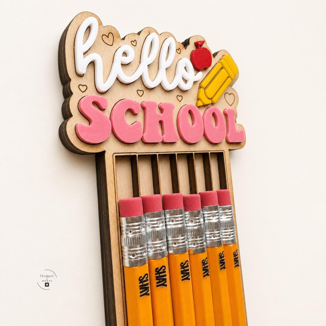 Wooden Pencil Holder Natural Desk Organizer Teacher Classroom Gift Custom Engraved Design Heart Details Hello School Text White Pink Yellow Red Apple Accents Back To School Essential Kindergarten Educator Present Perfect Appreciation Gift