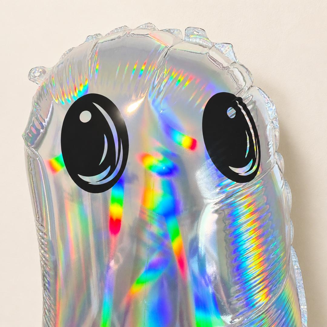 Cute Cartoon Ghost Balloon Halloween Party Decoration Birthday Celebration Prop Holographic Iridescent Rainbow Reflective Mylar Foil Inflatable Nineteen Inch Air Filled Indoor Display Festive Accent Event Supplies Room Centerpiece Photo