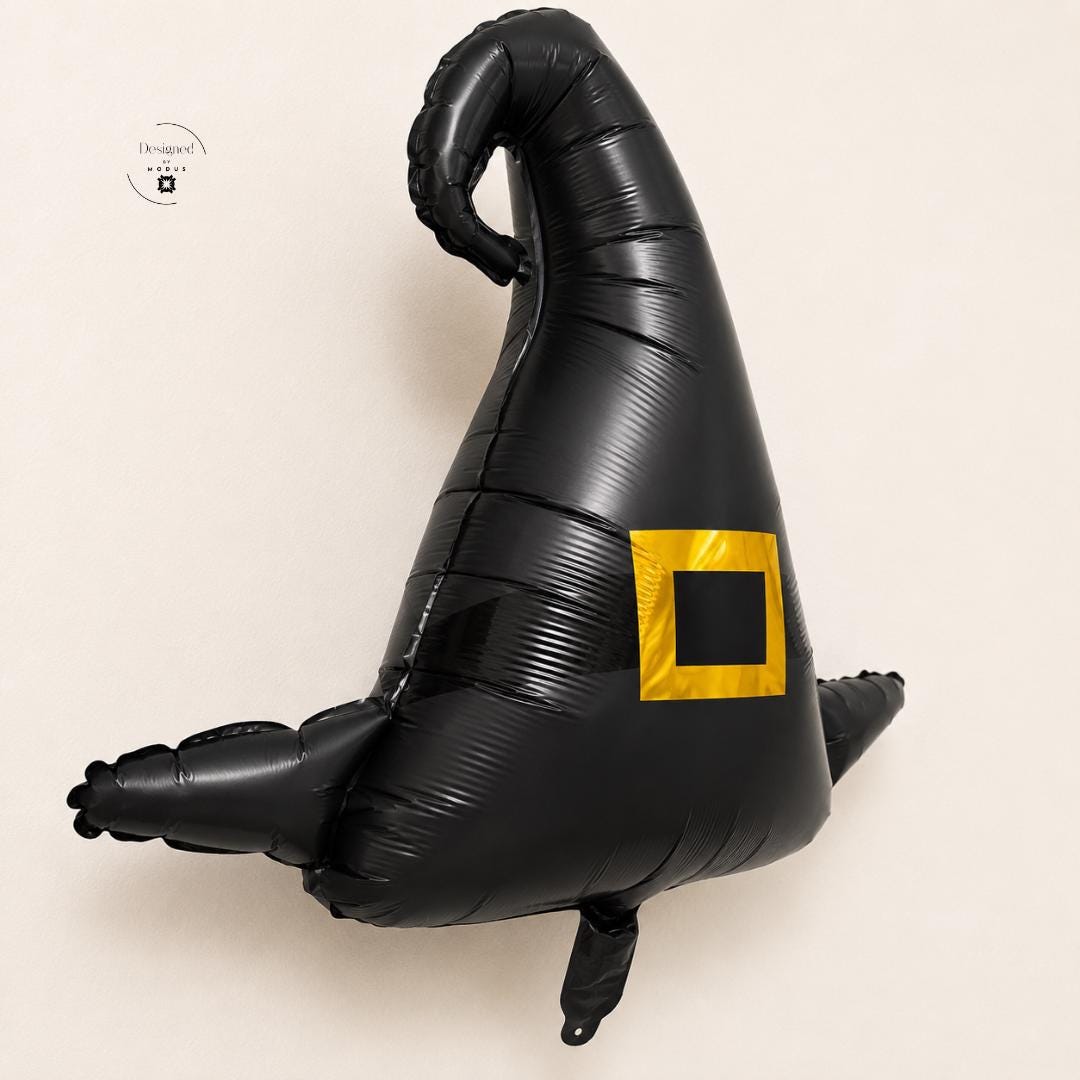Spooky Theme Party Decoration Witch Hat Balloon Photo Booth Prop Accessory Black Foil Mylar Inflatable Air Novelty Birthday Event Supply October Celebration Autumn Season Decor Yellow Buckle Accent Curved Pointed Top Wide Brim Design Party