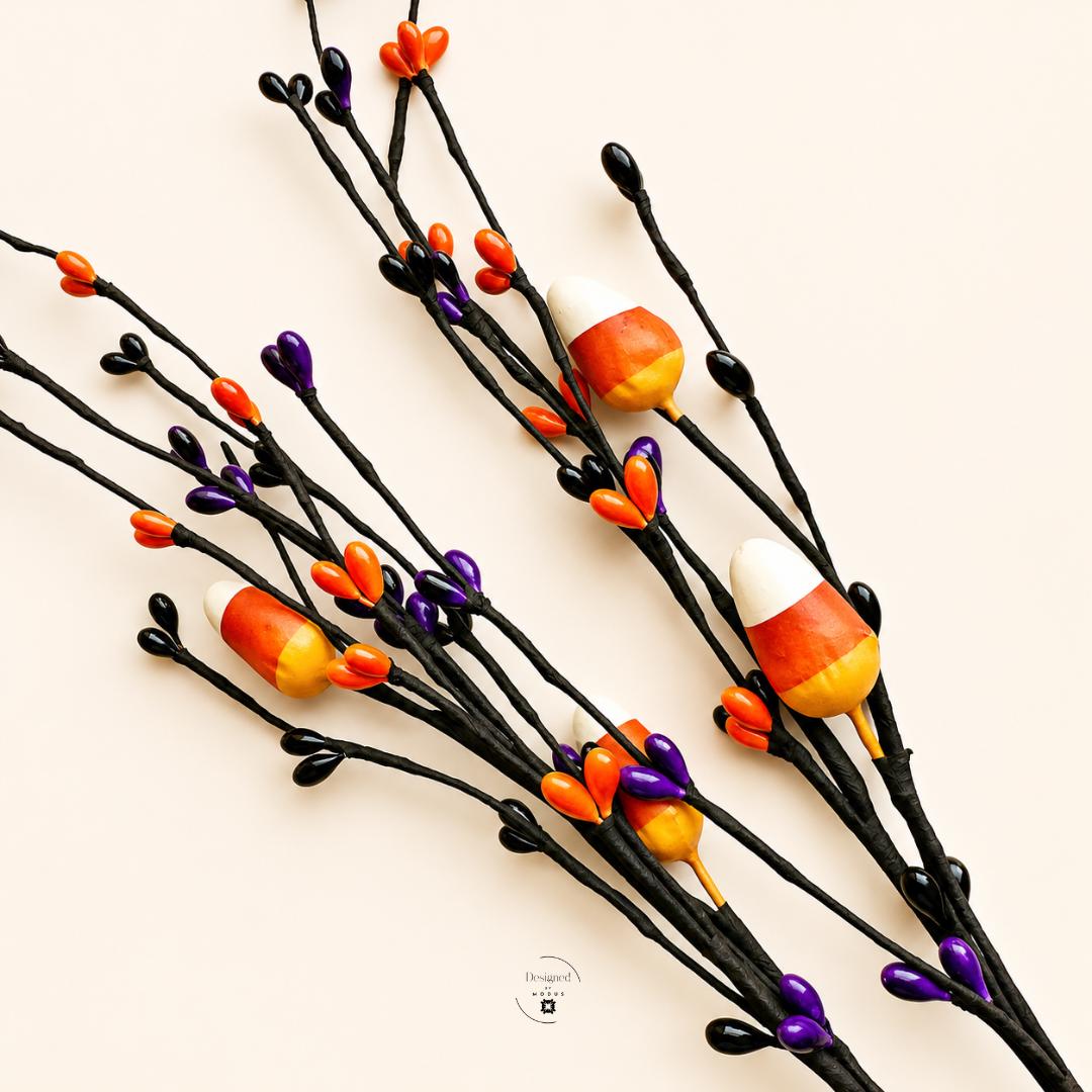 Halloween Wreath Supplies Craft Materials Floral Stem Black Wire Festive Piece Fall Centerpiece Party Display Seasonal Arrangement Candy Corn Ornaments Orange Purple Black Berry Tips Autumn Craft DIY Wreath Making Home Styling Fourteen Inch
