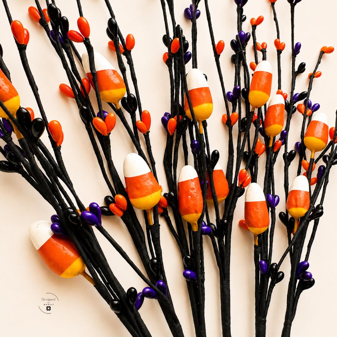 Fall Centerpiece Materials Party Display Seasonal Arrangement Halloween Wreath Supplies Craft Materials Floral Stem Black Wire Festive Piece Candy Corn Ornaments Berry Tips Orange Purple Black Autumn Craft DIY Project Supplies Fourteen Inch