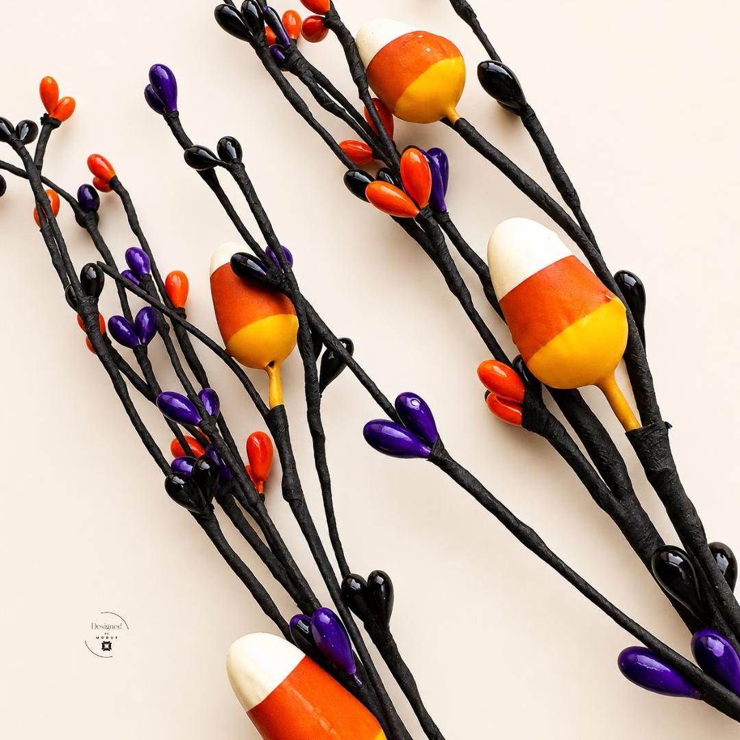 Craft Materials Floral Stem Black Wire Festive Piece Halloween Wreath Supplies Fall Centerpiece Party Display Seasonal Arrangement Candy Corn Ornaments Berry Tips Orange Purple Black Autumn Craft DIY Project Supplies Home Styling Fourteen