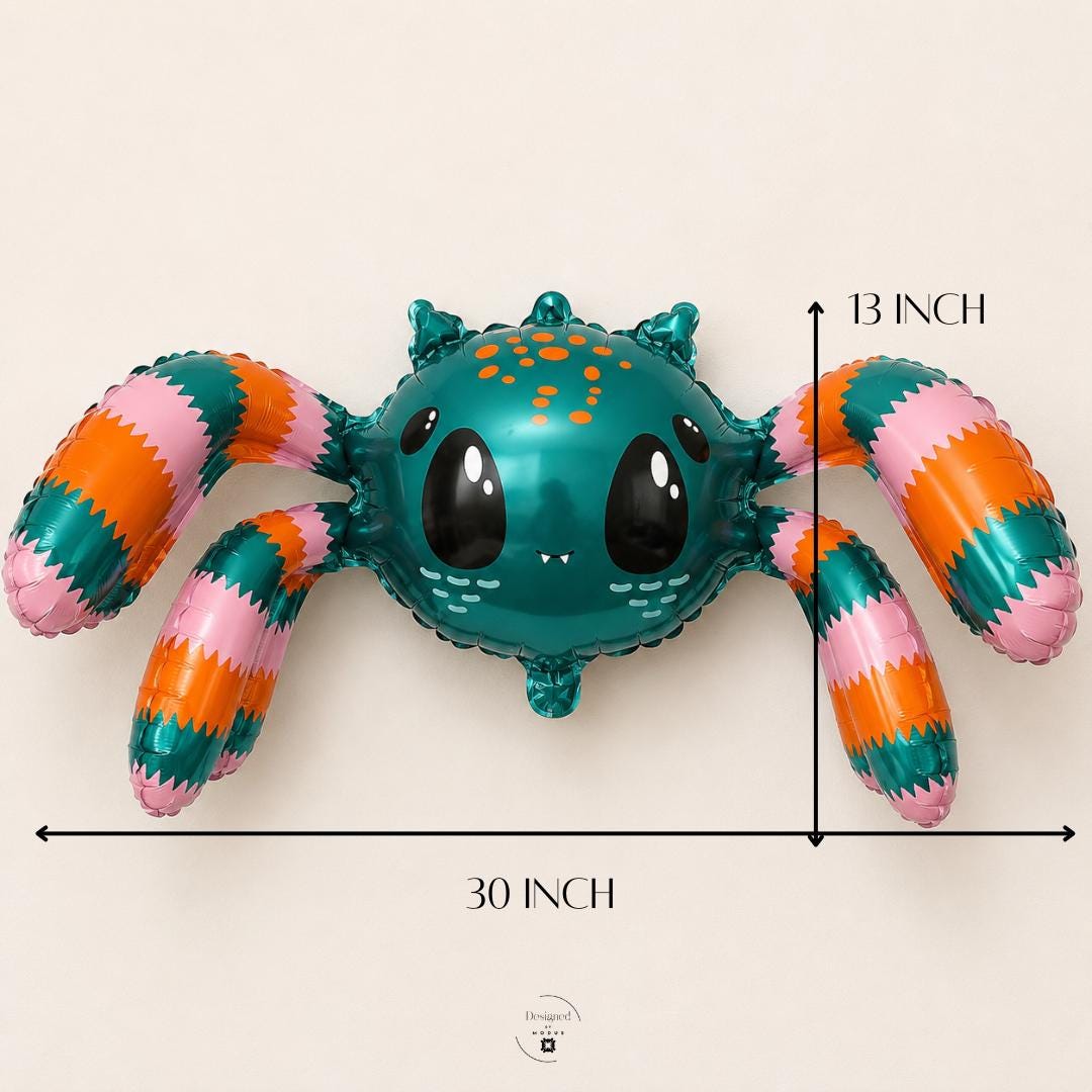 Kids Birthday Balloon Celebration Supply Toddler Gift Cute Spider Character Mylar Standing Design Air Filled Foil Party Essential Halloween Decoration Cartoon Eyes Striped Legs Teal Orange Pink Colors Self Standing Indoor Event Preschool