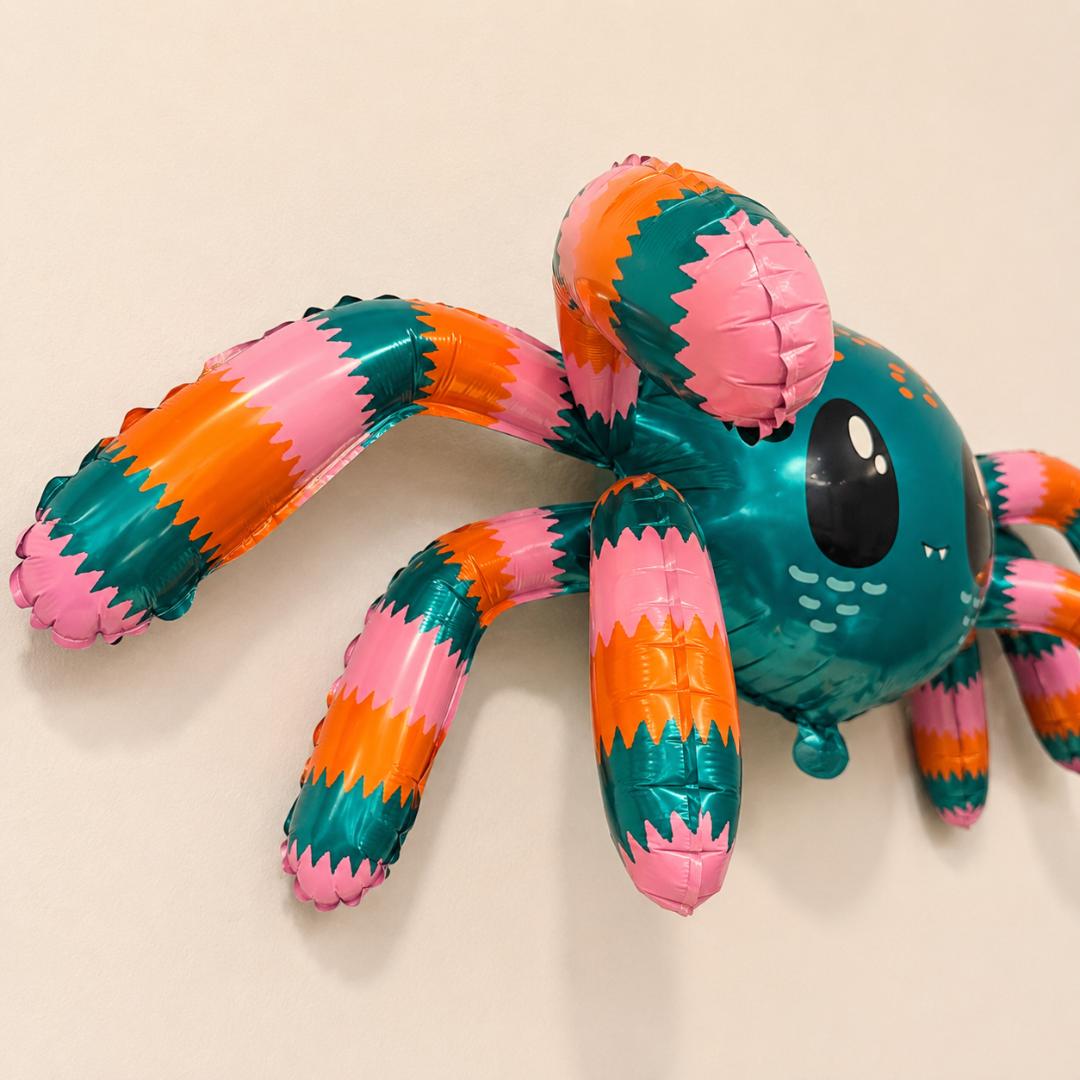 Toddler Gift Cute Spider Balloon Mylar Standing Air Filled Design Kids Birthday Party Supply Halloween Celebration Essential Foil Novelty Children Event Decoration Cartoon Character Teal Orange Pink Striped Legs Self Standing Indoor