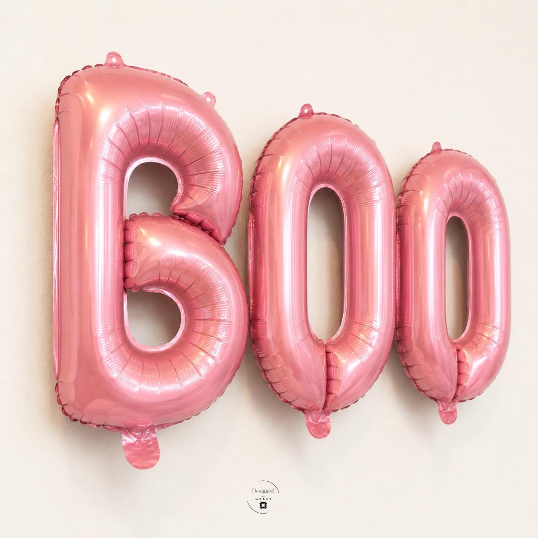 Pink Halloween Balloons Party Supplies BOO Letter Set Mylar Foil Balloon Collection Metallic Rose Gold Theme Thirteen Inch Tall Letters Air Filled Party Backdrop Photo Prop Display Trick Treat Event Celebration Spooky Season Feminine