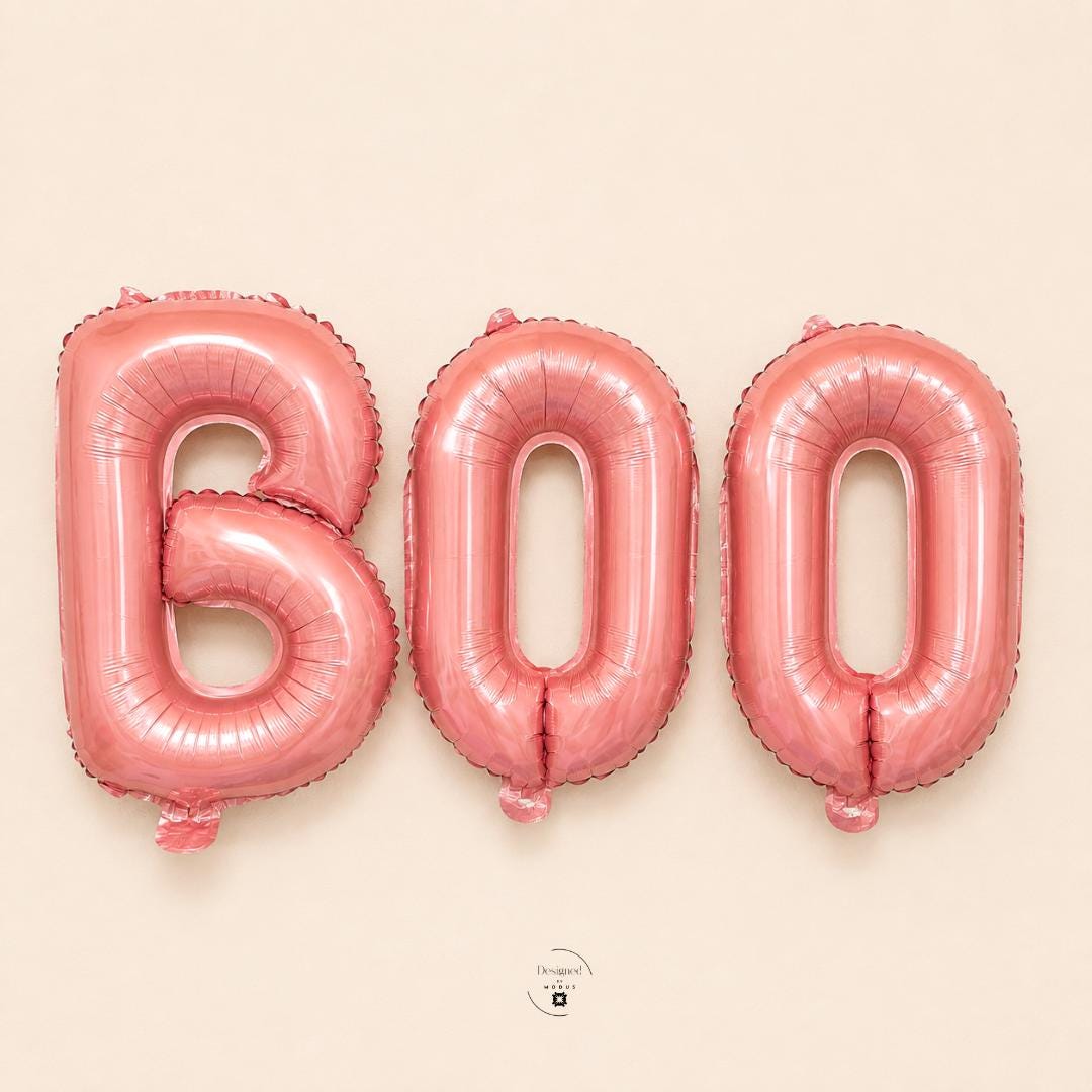 Metallic Pink Party Balloons Halloween BOO Letter Set Mylar Foil Party Supplies Rose Gold Theme Display Thirteen Inch Tall Air Filled Balloons Backdrop Photo Prop Trick Treat Event Celebration Spooky Season Modern Halloween Party Styling