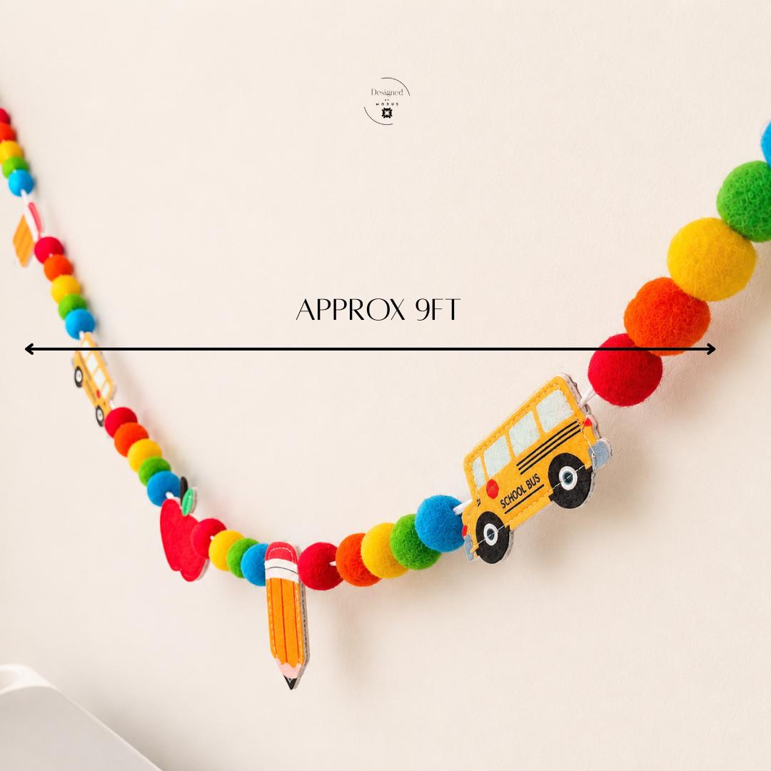 Rainbow Classroom Wall Hanging Felt Ball Garland Back To School Bus Decoration Educational Theme Teacher Appreciation Gift Preschool Room Banner Nursery Felt Bead Bunting Nine Foot Garland Thirty Five Felt Balls Apple Pencil Shapes Colorful