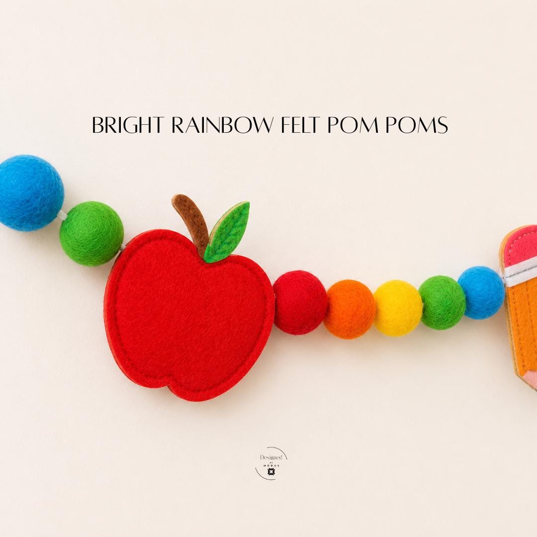 Rainbow Classroom Wall Hanging Felt Ball Garland Back To School Bus Decoration Educational Theme Teacher Appreciation Gift Preschool Room Banner Nursery Felt Bead Bunting Nine Foot Garland Thirty Five Felt Balls Apple Pencil Shapes Colorful