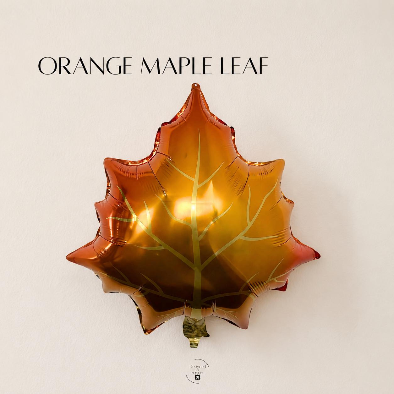 Metallic orange maple leaf mylar balloon, great for fall weddings, Friendsgiving décor, and Thanksgiving balloon arrangements.