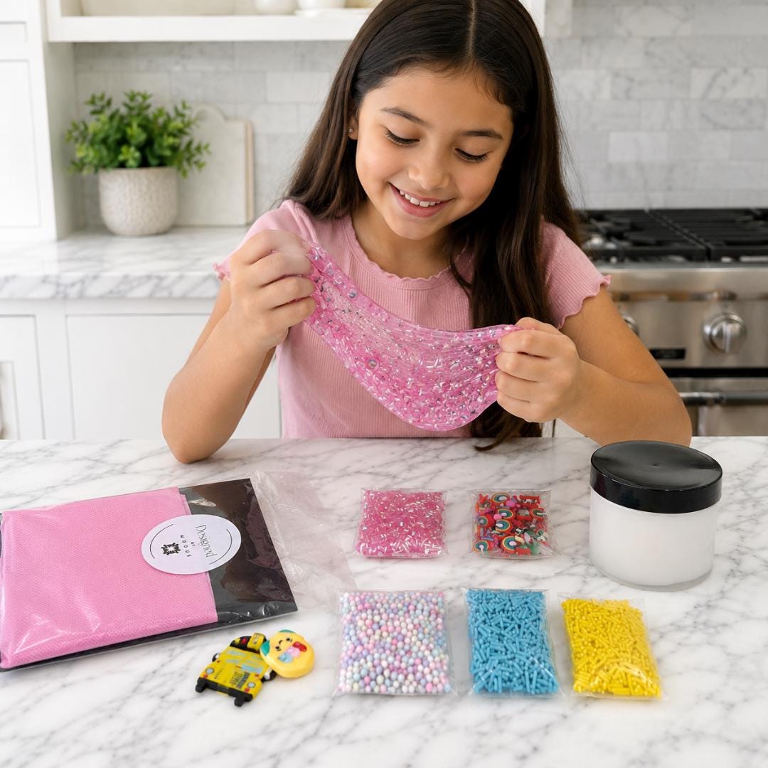 Creative Toy Sensory Play Slime Making Kit Party Entertainment Supplies Birthday Gift Activity Bundle Complete Starter Pack Storage Organizer Container Pre Made Slime Activator Dye Apron Foam Balls Beads Charms Kids Craft Project Back