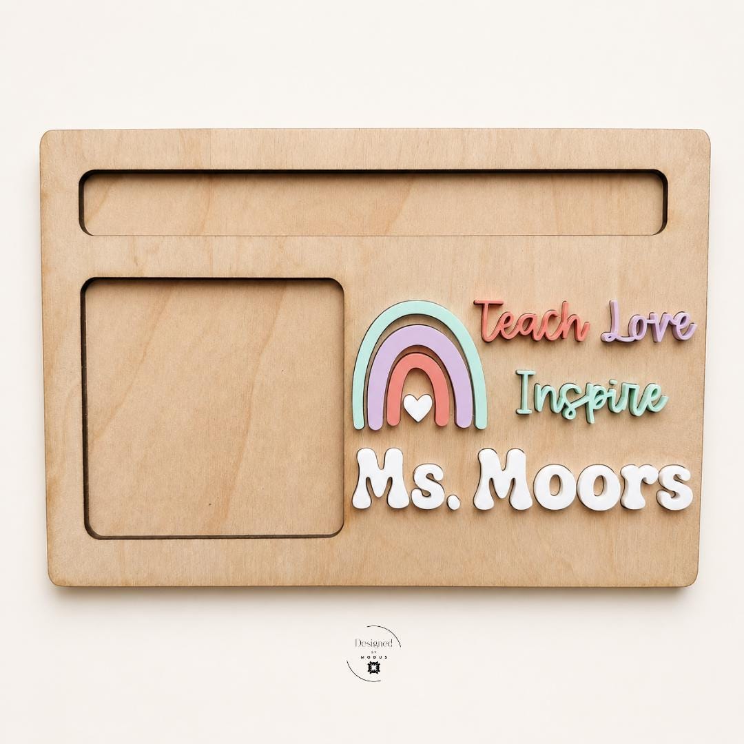 Personalized Teacher Bundle Custom Name Badge Reel Beaded Clipboard Set Wooden Post It Holder Rainbow Design Details Keychain Wristlet Charm Teacher Appreciation Collection Back To School Gift Desk Accessories Complete Four Piece