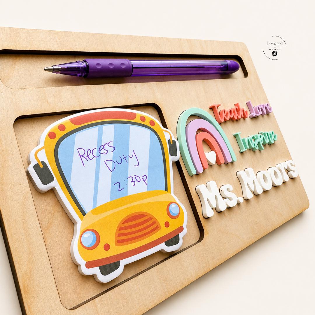 Classroom Desk Accessories Teacher Organization Bundle Personalized Badge Reel Custom Clipboard Set Wooden Note Holder Rainbow Design Pattern Keychain Wristlet Tassel Back To School Essential Four Piece Gift Collection Complete Teacher Set