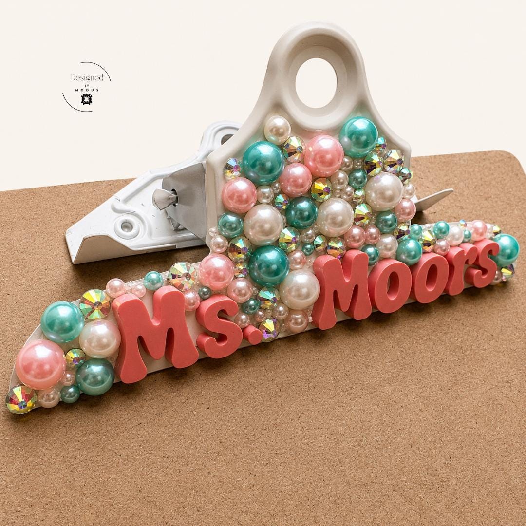 Teacher Appreciation Gift Set Personalized Badge Reel Bundle Complete Desk Accessories Custom Name Clipboard Wooden Holder Rainbow Design Keychain Wristlet Tassel Back To School Present Classroom Organization Essential Four Piece Collection
