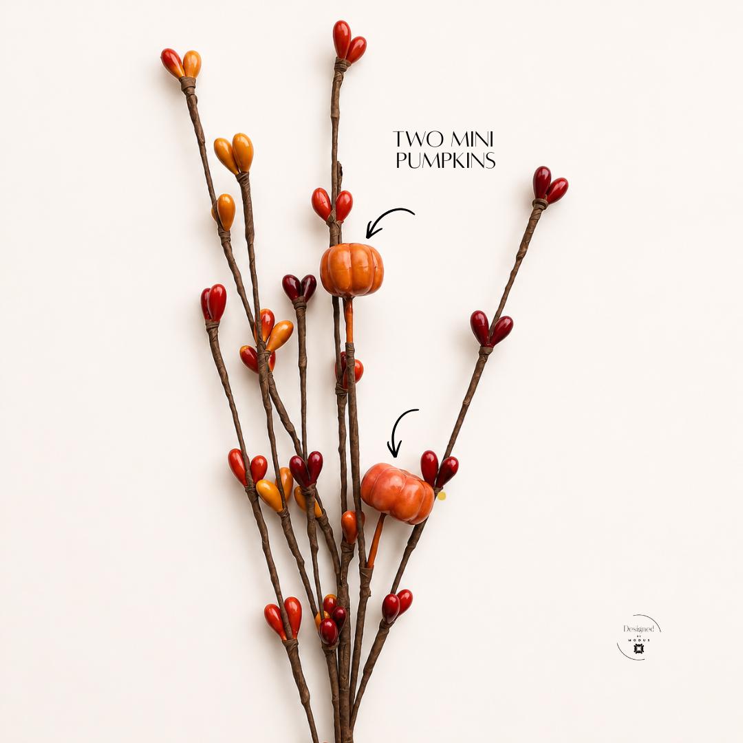 Fall Floral Picks Artificial Berry Stems Thanksgiving Centerpiece Arrangement Orange Burgundy Branch Collection Pumpkin Harvest Accent Farmhouse Mantle Display Seasonal Home Styling Rustic Autumn Gift Set DIY Craft Supply Versatile Design