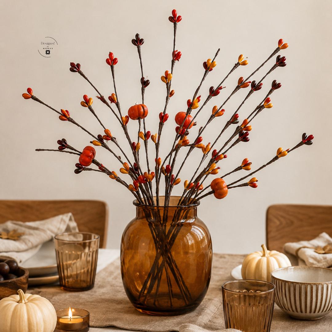 Harvest Pumpkin Accent Artificial Berry Stems Fall Floral Picks Thanksgiving Centerpiece Arrangement Orange Burgundy Branch Collection Farmhouse Mantle Display Autumn Seasonal Home Styling Rustic Gift Set DIY Craft Supply Versatile