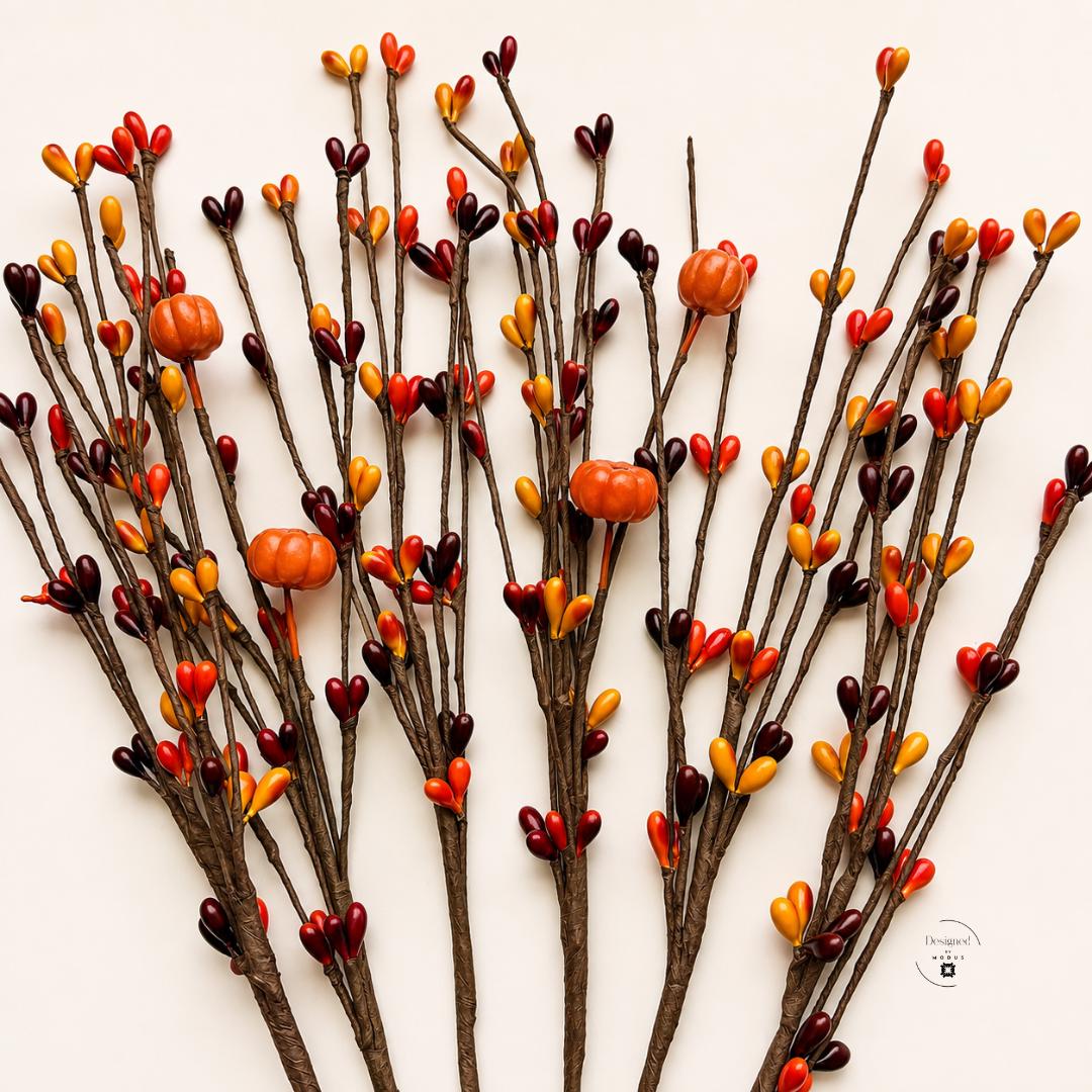 Harvest Pumpkin Accent Artificial Berry Stems Fall Floral Picks Thanksgiving Centerpiece Arrangement Orange Burgundy Branch Collection Farmhouse Mantle Display Autumn Seasonal Home Styling Rustic Gift Set DIY Craft Supply Versatile