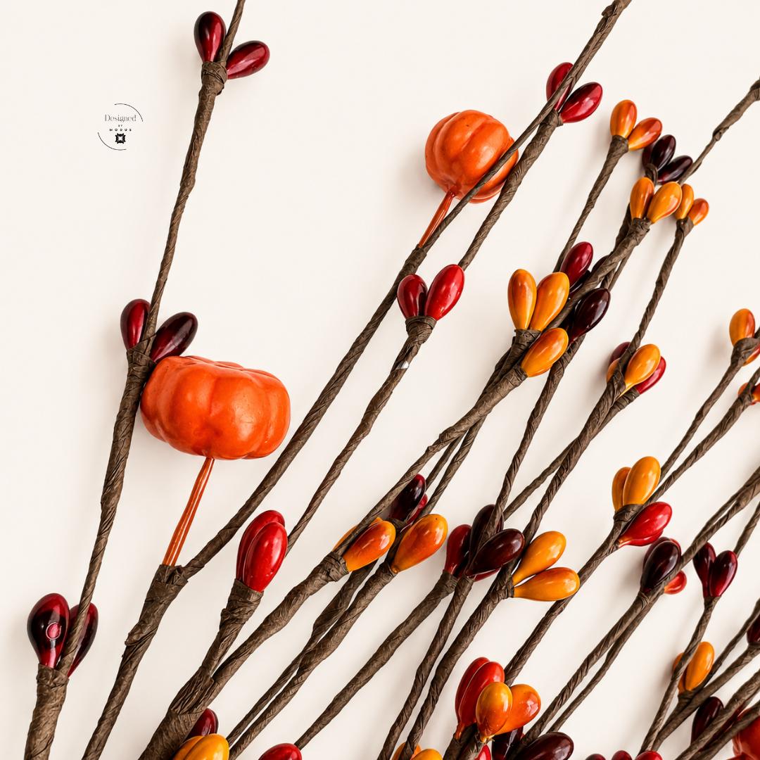 Artificial Berry Stems Fall Floral Picks Orange Burgundy Yellow Pumpkin Accent Branches Thanksgiving Table Centerpiece Arrangement Farmhouse Mantle Display Harvest Seasonal Home Styling Gift Set Rustic Autumn Craft Supply DIY Project