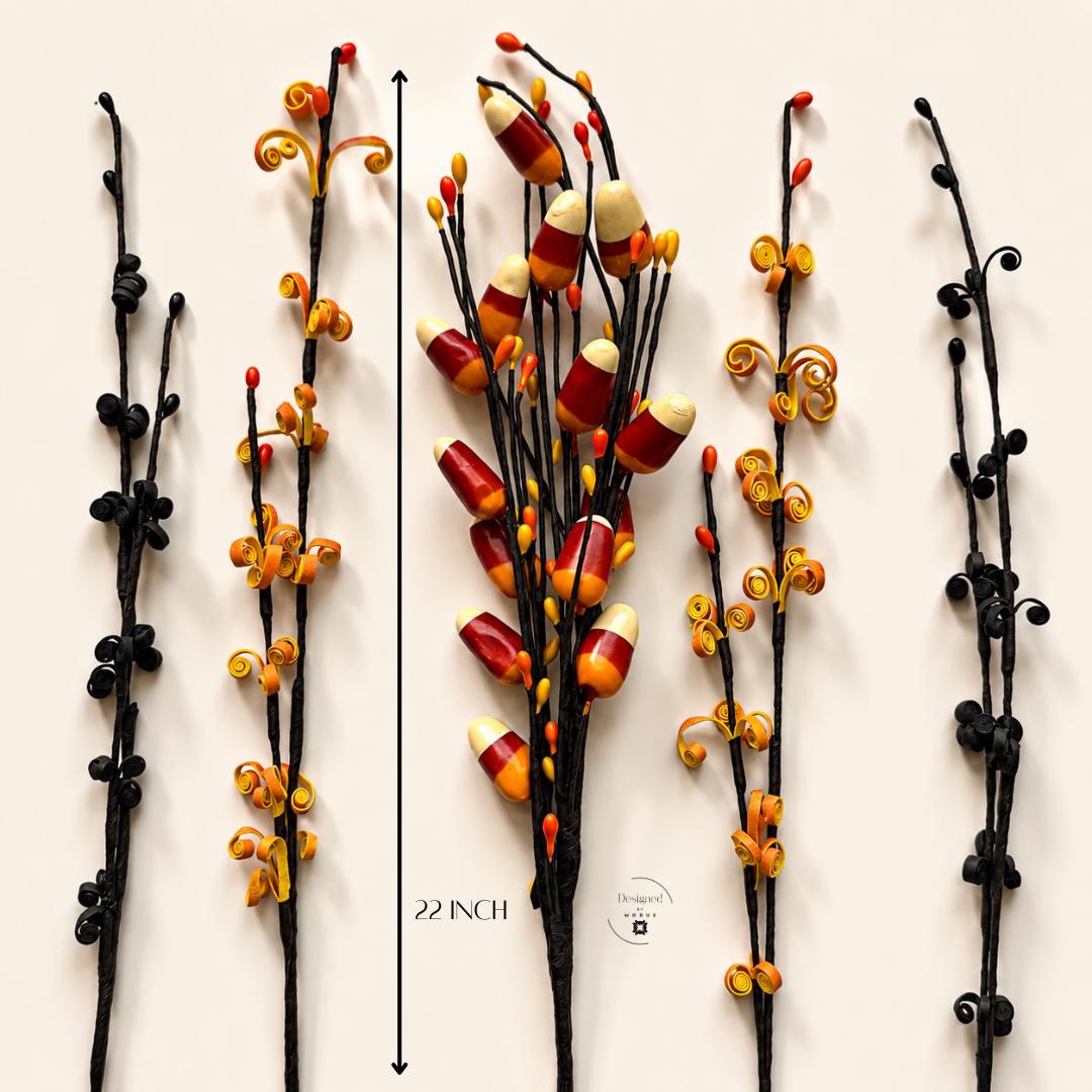 Fall Centerpiece Arrangement Stems Handmade Halloween Vase Filler Set Quilled Paper Art Candy Corn Themed Orange Black Wire Stems Autumn Table Display Styling Seasonal Home Accent Party Ready Artisan Crafted Quality Gold Burgundy Cream