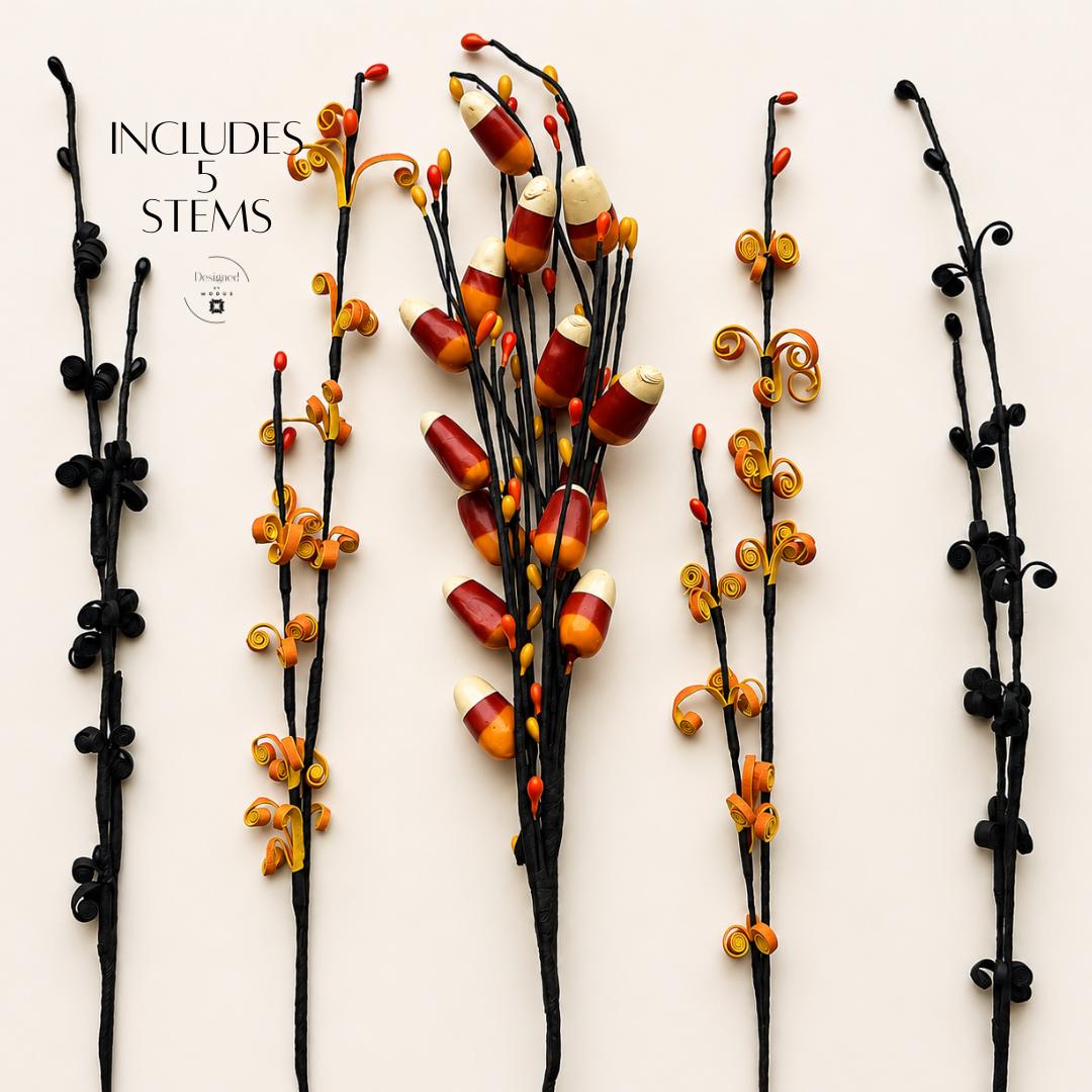 Quilled Paper Art Halloween Stems Handmade Candy Corn Design Orange Black Wire Filler Set Fall Centerpiece Table Display Styling Autumn Arrangement Seasonal Home Accent Artisan Crafted Quality Spiral Coiled Patterns Perfect Party Ready