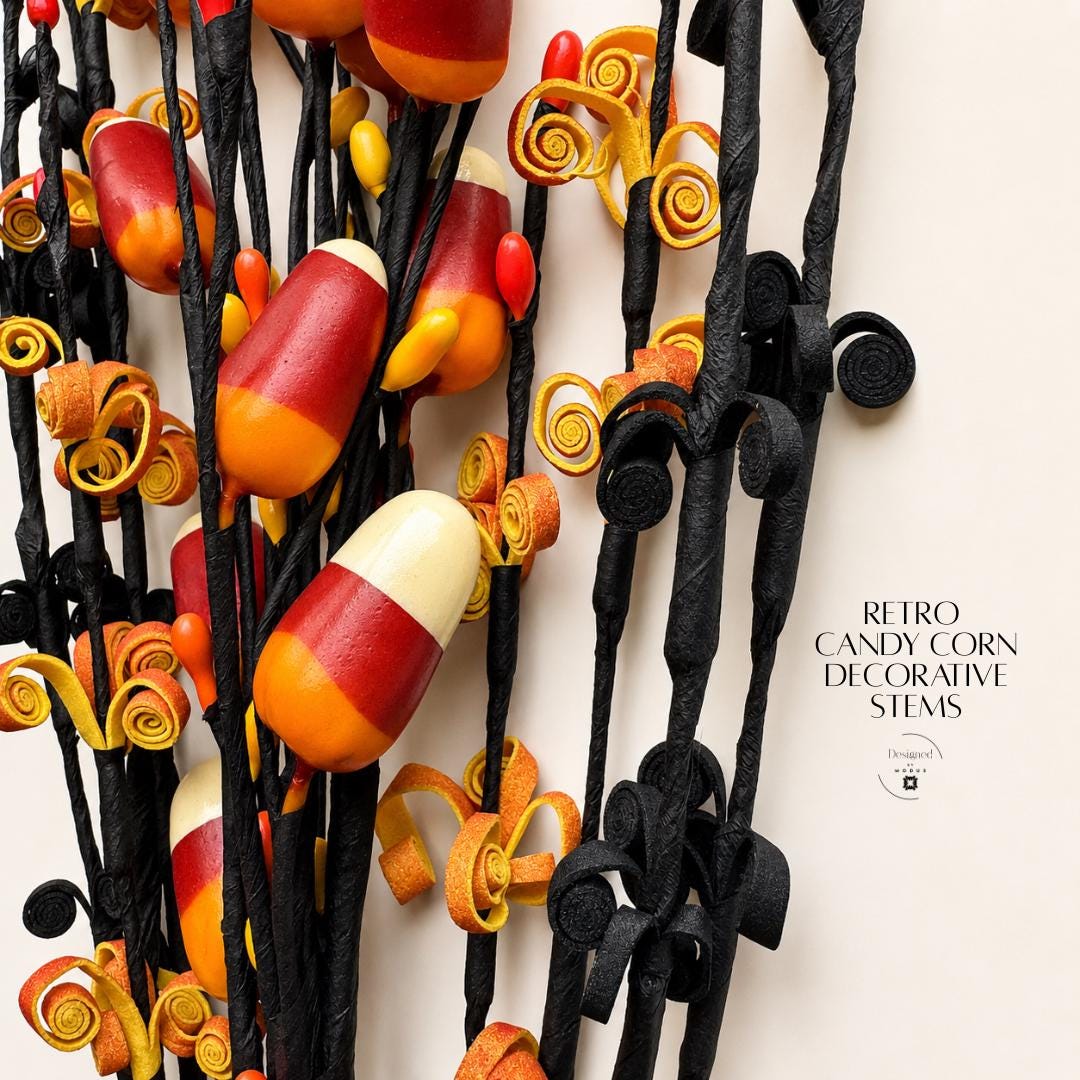Fall Centerpiece Arrangement Stems Handmade Halloween Vase Filler Set Quilled Paper Art Candy Corn Themed Orange Black Wire Stems Autumn Table Display Styling Seasonal Home Accent Party Ready Artisan Crafted Quality Gold Burgundy Cream