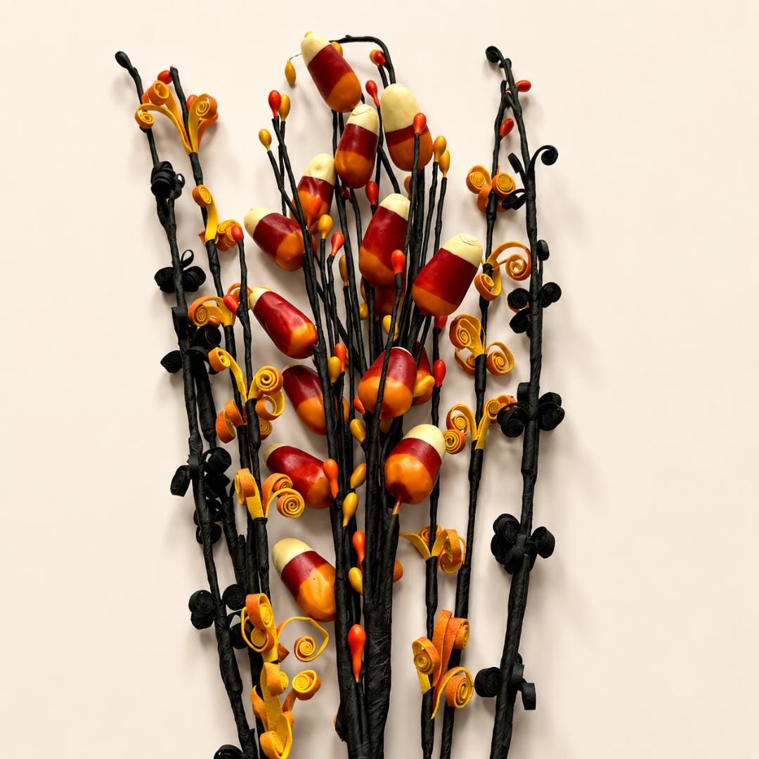 Orange Black Wire Stems Halloween Vase Filler Set Handmade Quilled Paper Art Candy Corn Themed Fall Centerpiece Arrangement Table Display Styling Autumn Seasonal Home Accent Artisan Crafted Quality Spiral Coiled Patterns Gold Burgundy Cream