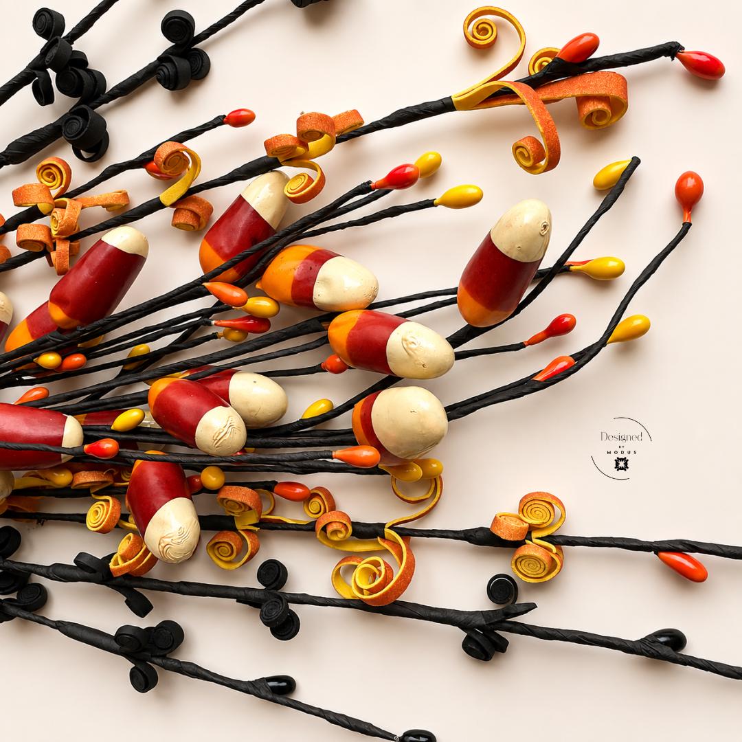 Quilled Paper Art Halloween Stems Handmade Candy Corn Design Orange Black Wire Filler Set Fall Centerpiece Table Display Styling Autumn Arrangement Seasonal Home Accent Artisan Crafted Quality Spiral Coiled Patterns Perfect Party Ready