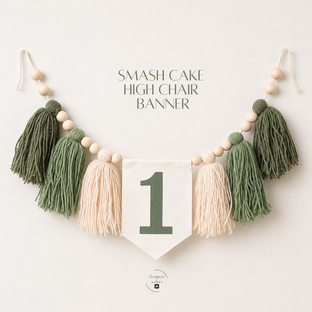 Dinosaur First Birthday High Chair Banner Decoration One Year Old Party Celebration Cake Smash Photo Backdrop Baby Milestone Turning Age 36 Inch Fabric Pennant Number One Wooden Bead Yarn Tassel Sage Cream Neutral Colors Handmade Details