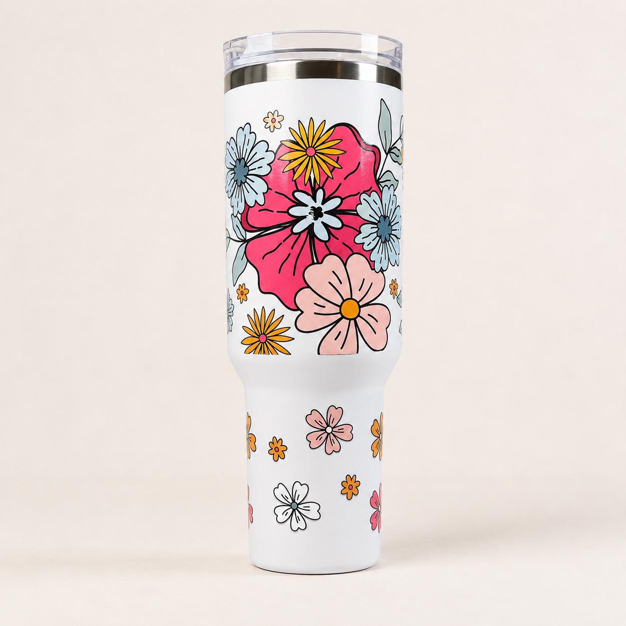 Floral Tumbler with Handle & Lid – Pastel Flower Cup, Butterfly Charm (40oz)