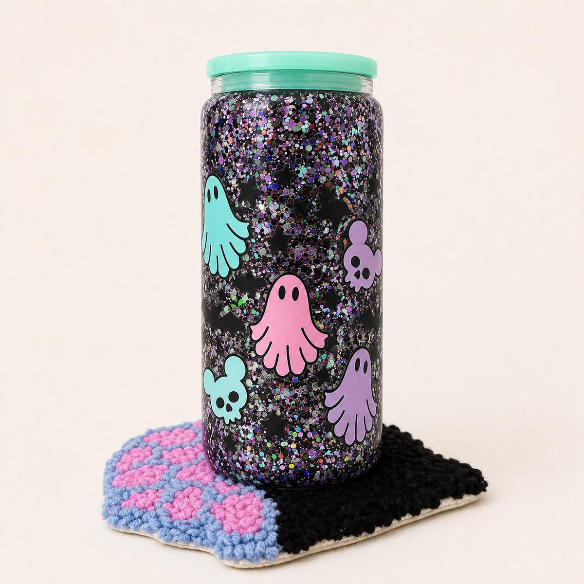 Halloween Ghost Snow Globe Tumbler: Black Glitter, Mickey Pumpkin Iced Coffee Cup