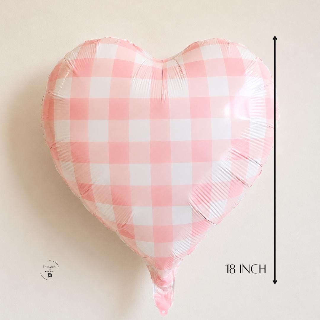 Mylar Foil Balloon Heart Shaped Valentine Party Supply Pink Gingham Checkered Pattern Metallic Anniversary Gift Birthday Celebration Decoration 18 Inch Inflatable Design Farmhouse Style Romantic Event Styling Self Sealing Valve Wedding