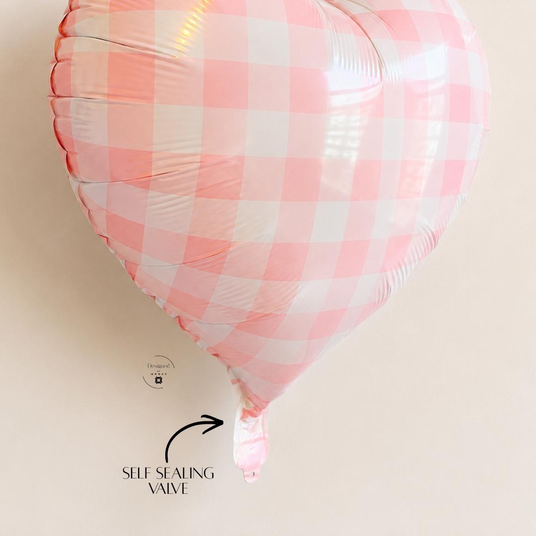 Pink Gingham Pattern Checkered Metallic Heart Balloon Mylar Foil Valentine Party Supply Farmhouse Style Decoration Anniversary Gift Idea Birthday Celebration Essential 18 Inch Inflatable Design Self Sealing Valve Romantic Event Styling