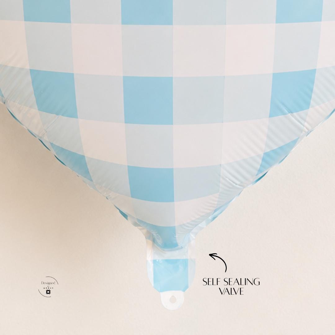 Heart Shaped Foil Balloon Blue White Gingham Checkered Pattern Metallic Mylar Surface Baby Shower Celebration Supply Gender Reveal Boy Theme 18 Inch Party Centerpiece Nursery Wall Farmhouse Style Helium Air Ready Birthday Anniversary Gift