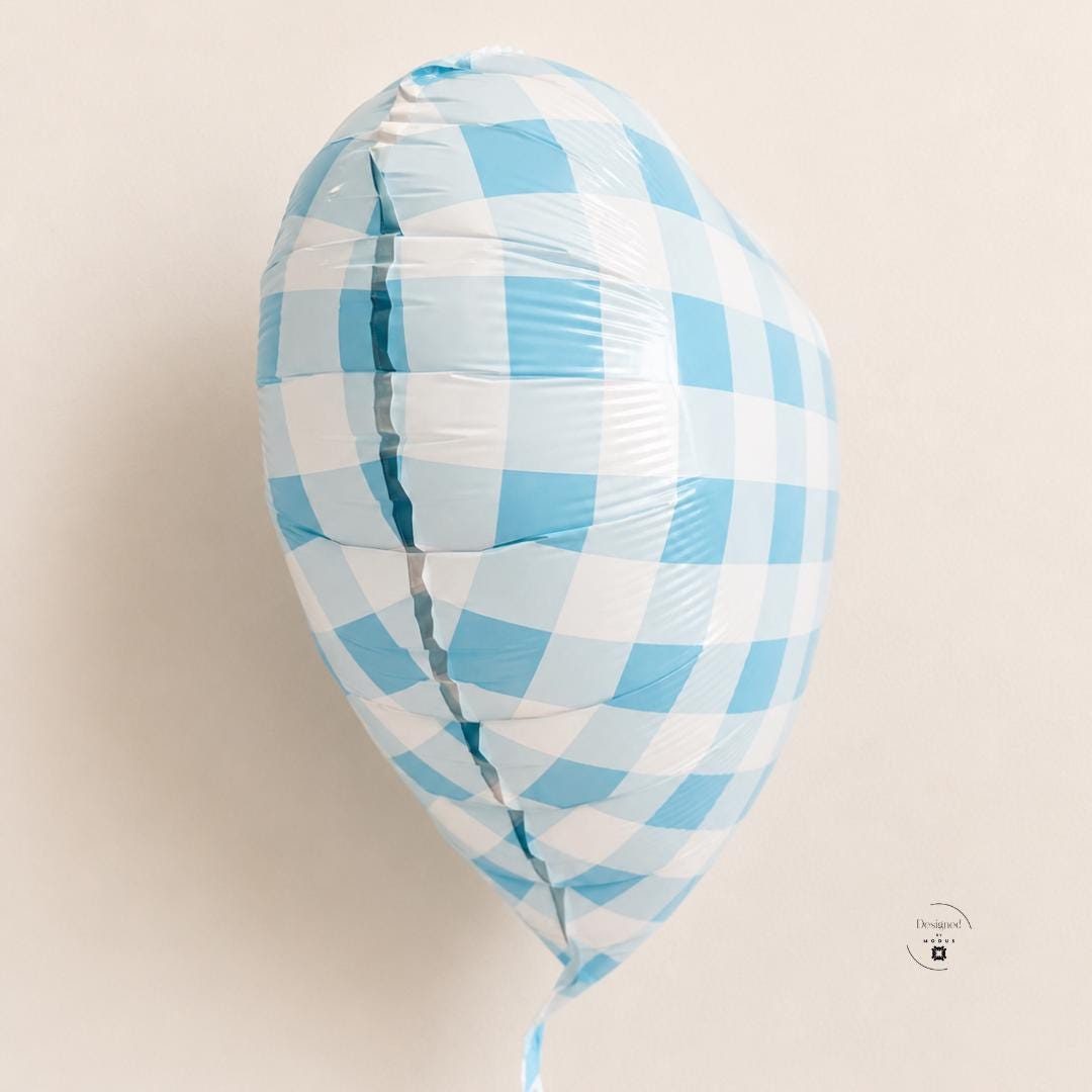 Foil Mylar Balloon Heart Shaped Blue Gingham Checkered Pattern Metallic Reflective Surface Nursery Wall Display Baby Shower Boy Theme 18 Inch Party Celebration Supply Farmhouse Style Gender Reveal Centerpiece Helium Air Inflation Ready
