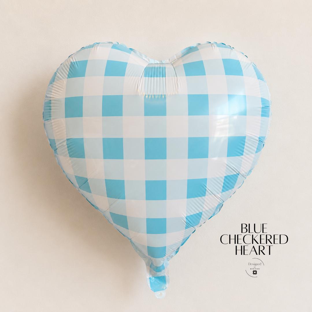 Heart Shaped Foil Balloon Blue White Gingham Checkered Pattern Metallic Mylar Surface Baby Shower Celebration Supply Gender Reveal Boy Theme 18 Inch Party Centerpiece Nursery Wall Farmhouse Style Helium Air Ready Birthday Anniversary Gift