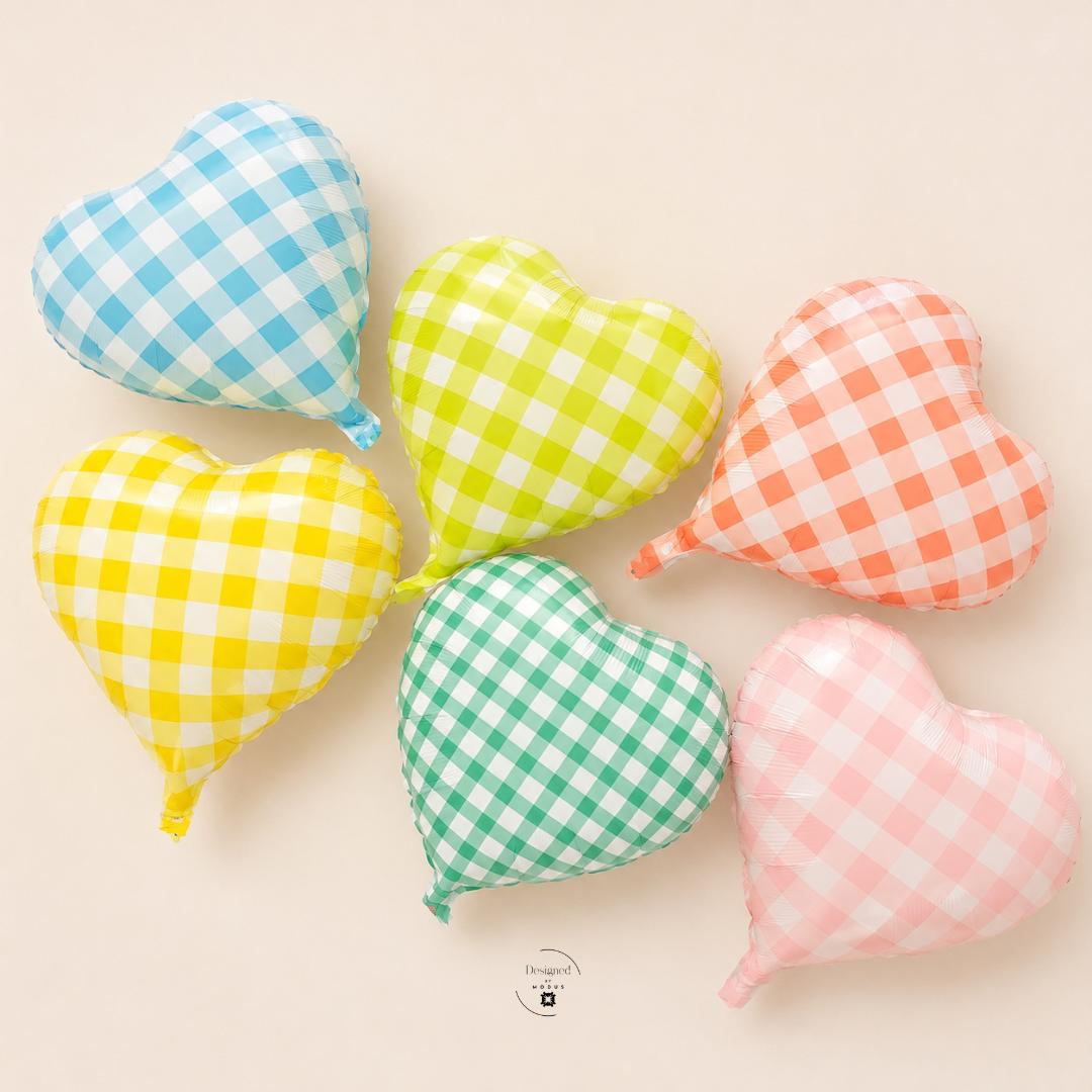 Heart Shaped Balloon Birthday Party Supplies Baby Shower Decorations Farmhouse Style Gingham Checkered Pattern Green White Design 18 Inch Mylar Foil Construction Celebration Event Centerpiece Display Country Chic Rustic Theme Perfect Gift