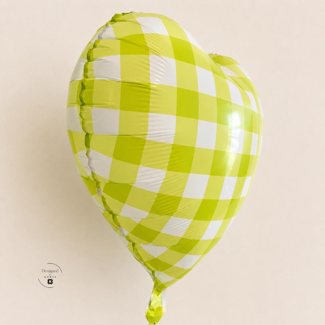 Heart Mylar Balloon Party Decoration Baby Shower Bridal Celebration Birthday Gingham Foil Lime Green Checkered Pattern Farmhouse Style