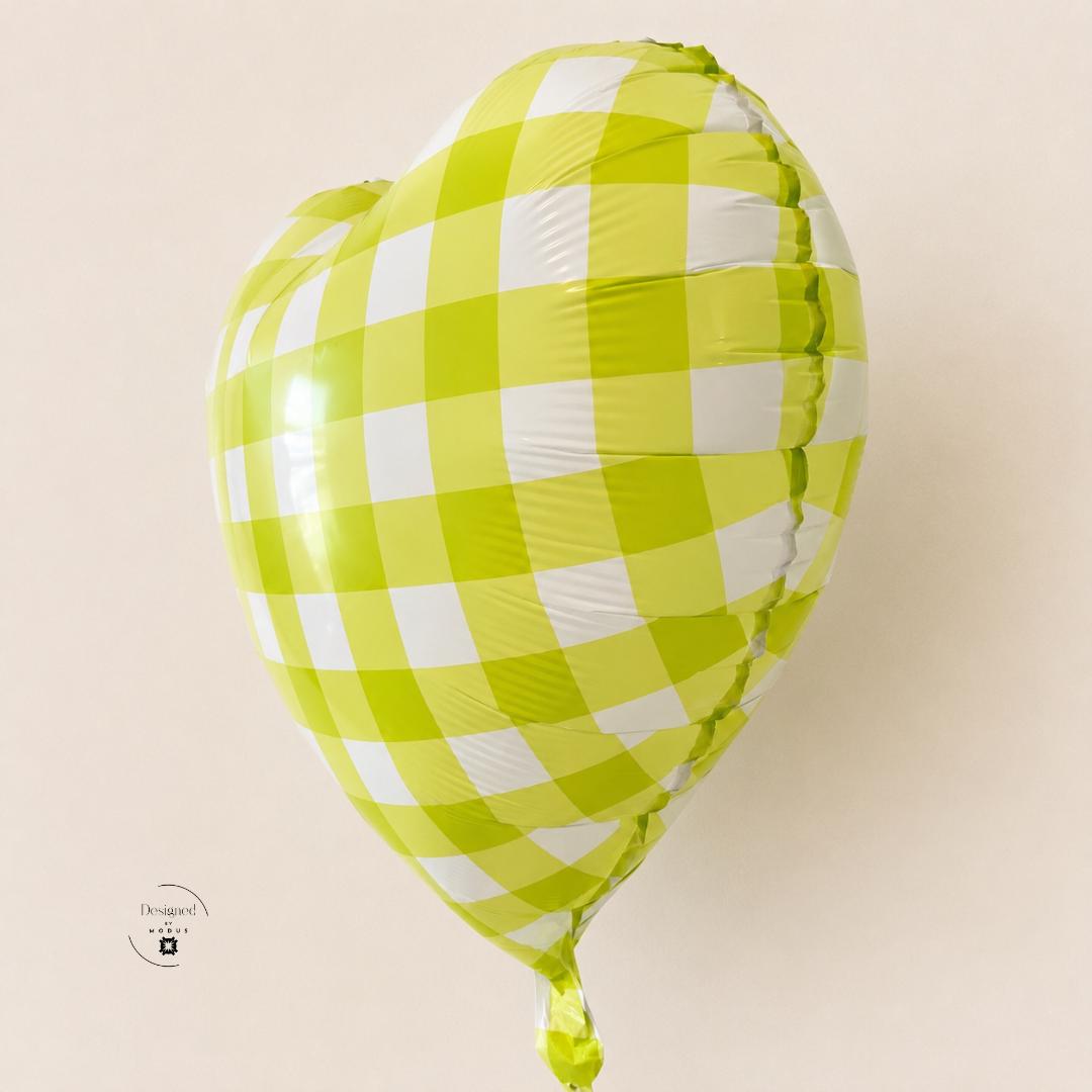 Heart Mylar Balloon Party Decoration Baby Shower Bridal Celebration Birthday Gingham Foil Lime Green Checkered Pattern Farmhouse Style
