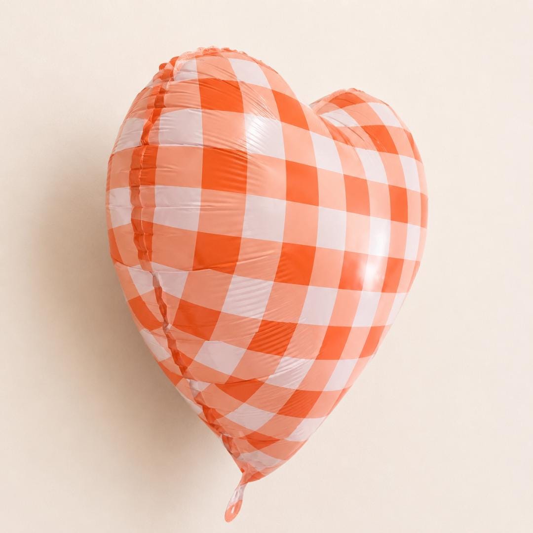 Farmhouse Theme Party Orange Heart Balloon Gingham Checkered Mylar Foil Glossy Metallic Finish Birthday Celebration Spring Summer Event Picnic Gathering Baby Shower Bridal Supply 18 Inch Heart Shape Country Rustic Style Party Essential