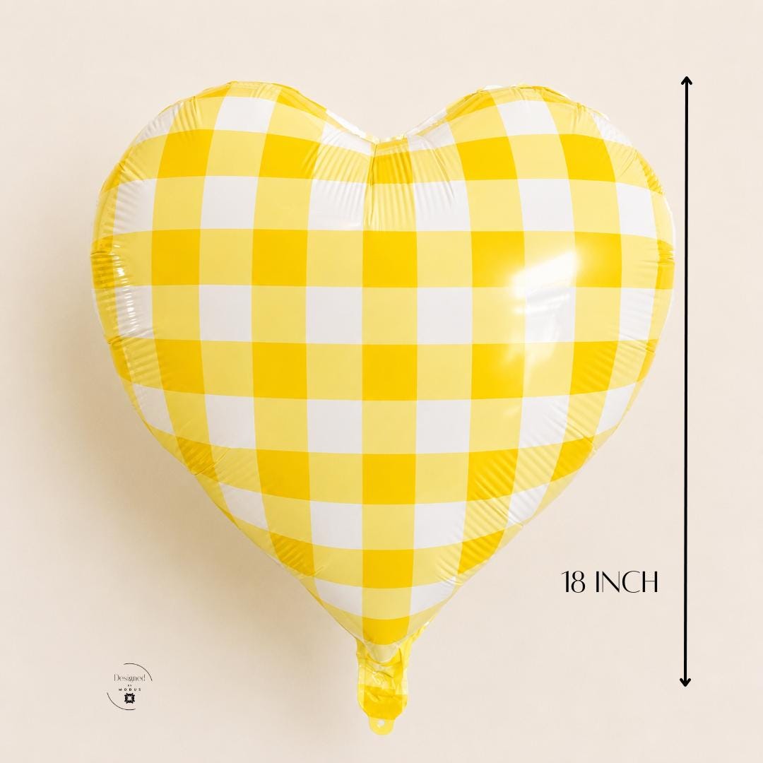 Yellow Checkered Heart Balloon Metallic Foil Design Glossy Finish Party Celebration Supply Birthday Event Essential Baby Shower Bridal Gift Perfect Anniversary Present Romantic Gesture Eighteen Inch Helium Inflatable Beautiful Pattern