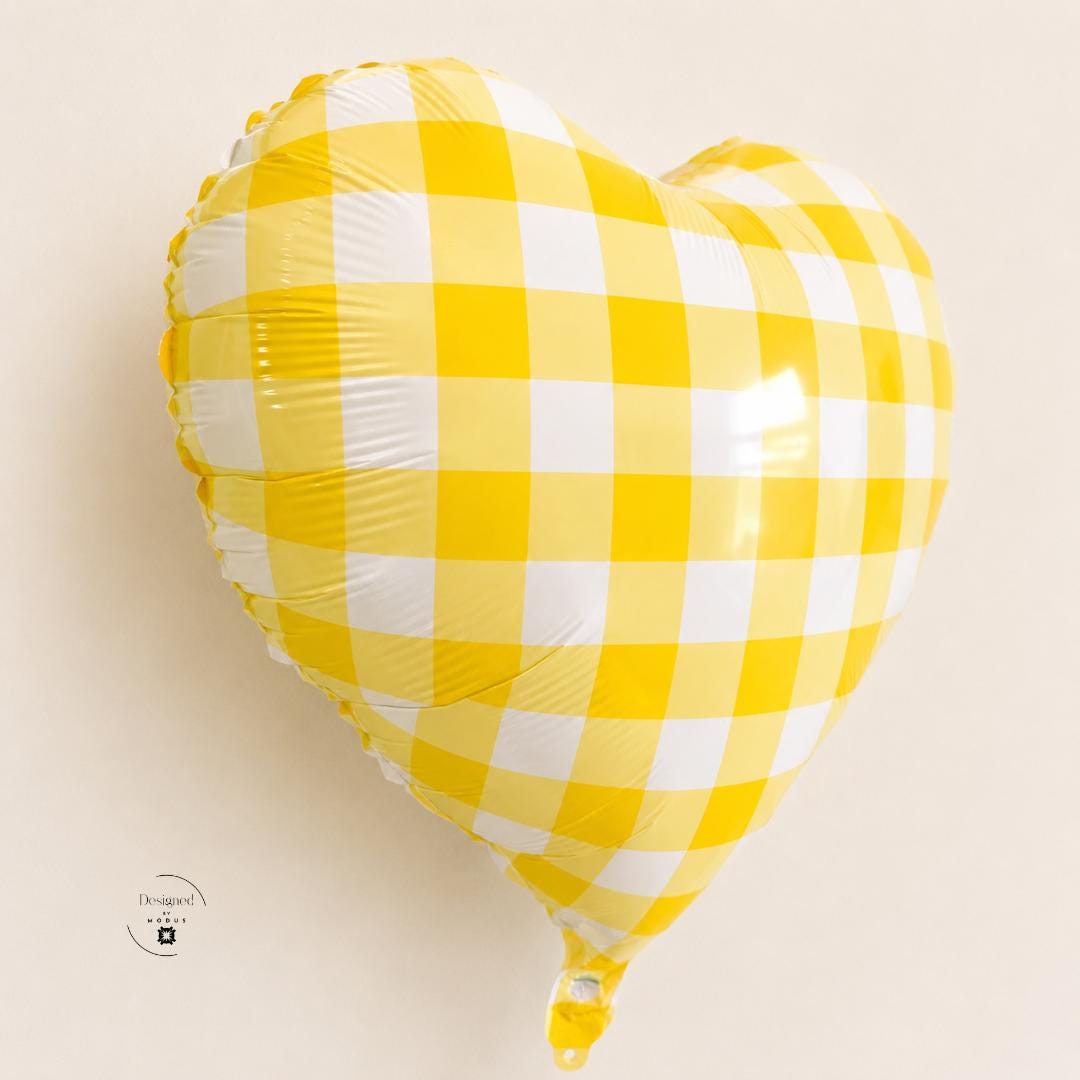 Celebration Supply Heart Foil Balloon Yellow Checkered Pattern Birthday Party Baby Shower Bridal Event Metallic Glossy Design Eighteen Inch Helium Inflatable Perfect Gift Anniversary Romantic Present Beautiful Party Essential Celebration