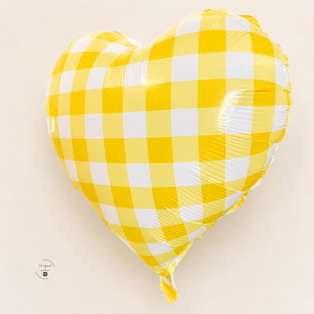 Celebration Supply Heart Foil Balloon Yellow Checkered Pattern Birthday Party Baby Shower Bridal Event Metallic Glossy Design Eighteen Inch Helium Inflatable Perfect Gift Anniversary Romantic Present Beautiful Party Essential Celebration