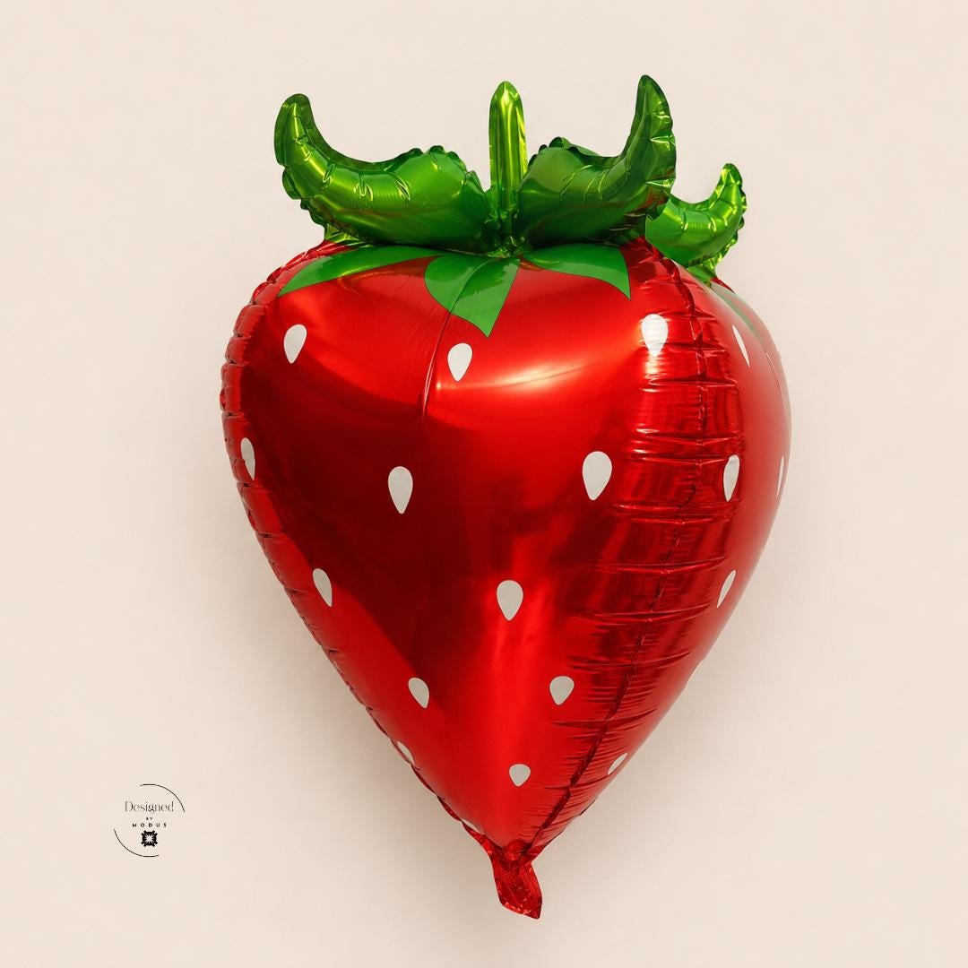 Strawberry Balloon Party Birthday Celebration Baby Shower Fruit Themed Summer Event Kids Festive Foil Mylar Helium Inflatable Shaped Berry Red Body White Seed Details Green Metallic Leaves Self Sealing Valve Party Supply Hanging Display