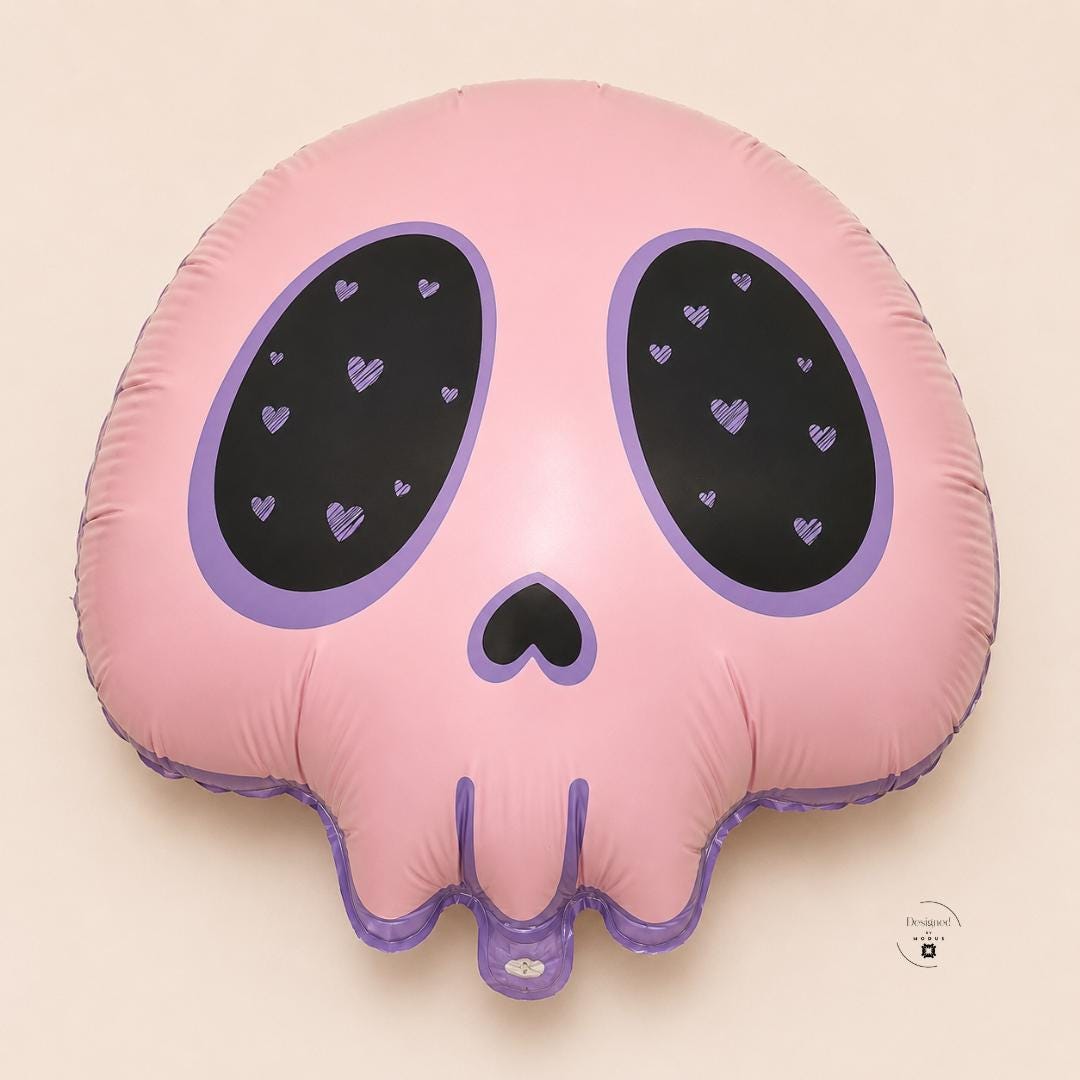 Kawaii Skull Balloon Birthday Party Decoration Pink Gothic Halloween Celebration Pastel Anime Heart Design Scalloped Edge Foil Shape Mylar Inflatable Nine Inch Size Heart Eye Socket Details Heart Shaped Nose Purple Black Pink Color Party